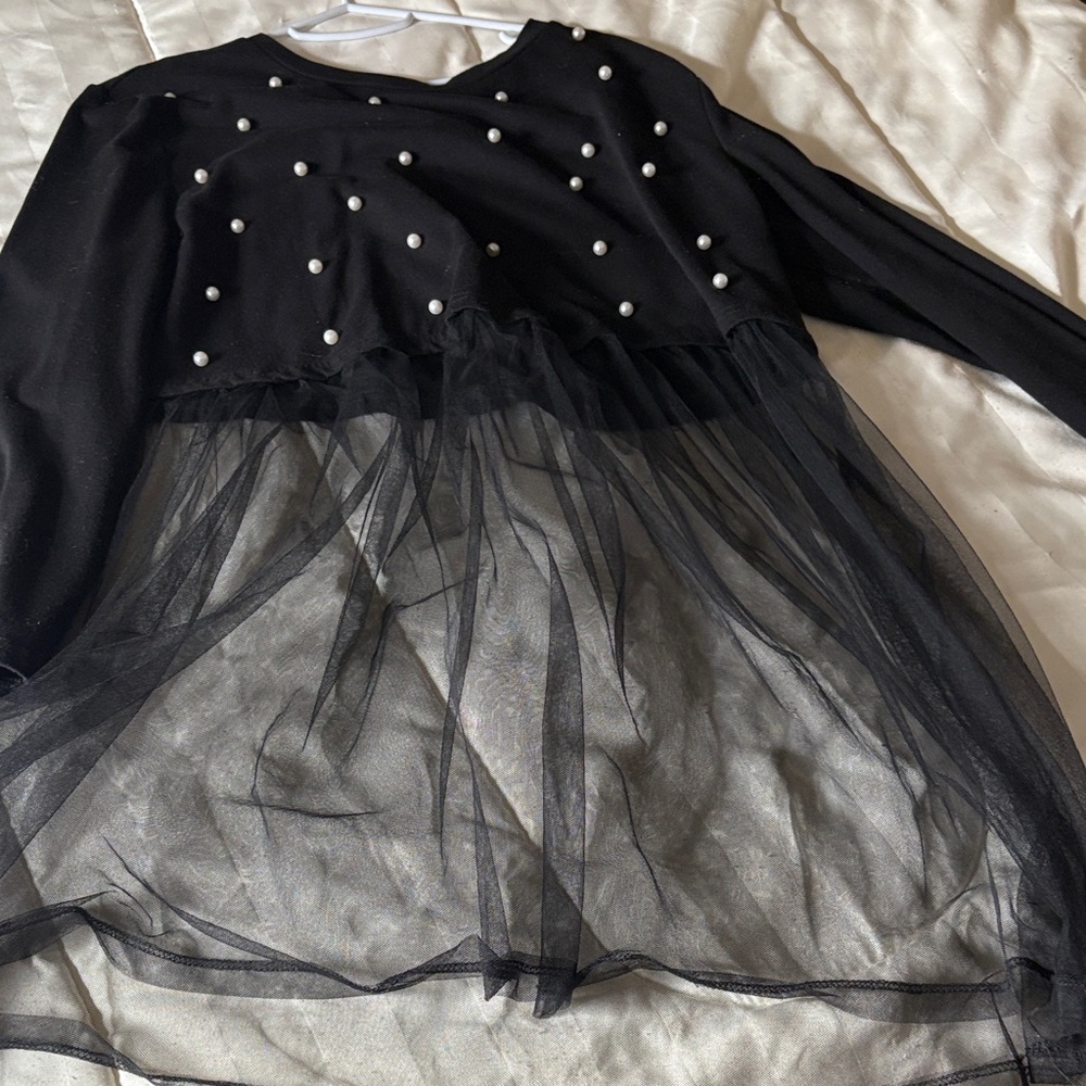 Black Sheer Tulle Dress with Pearl Accents